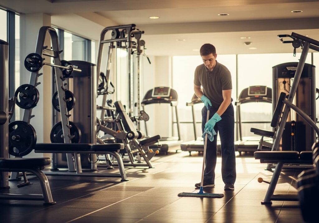 Personal de limpieza realizando mantenimiento en un gimnasio