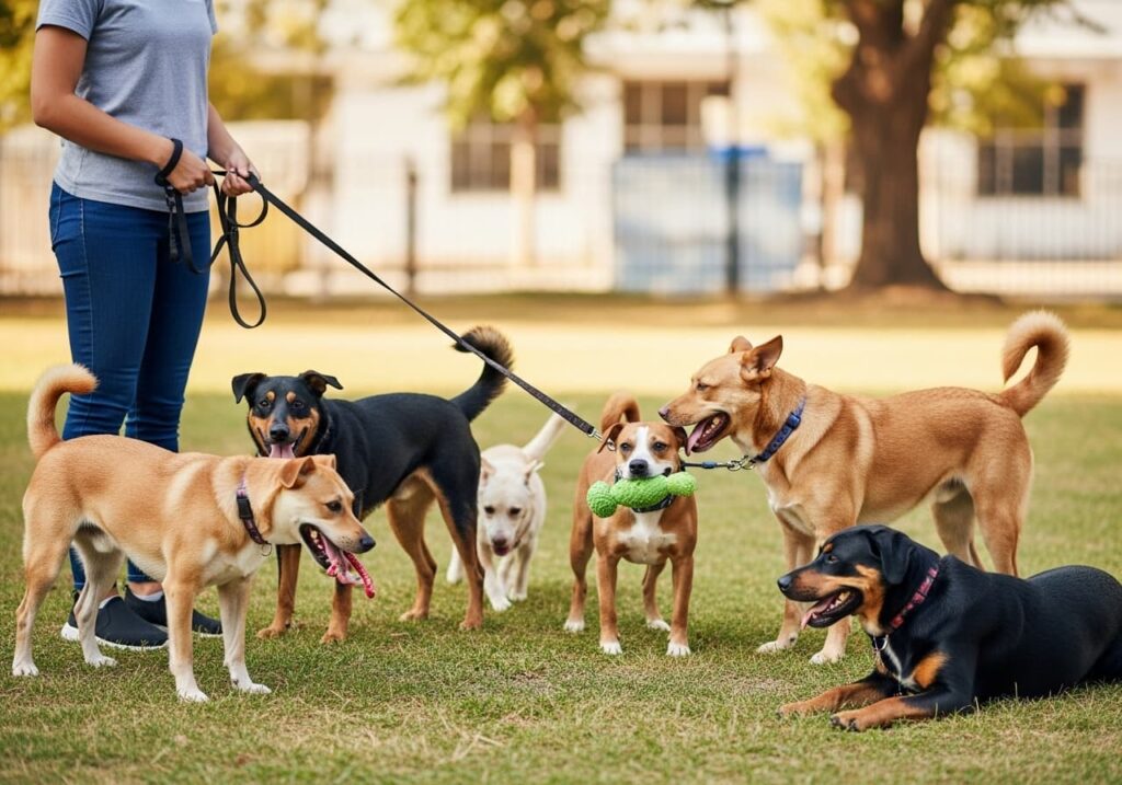 Paseador cuidando varias mascotas en un parque
