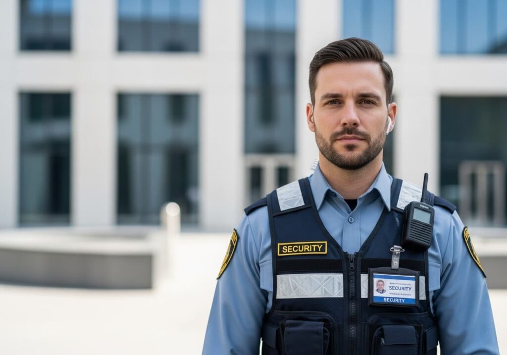 Agente de seguridad privada vigilando la entrada de un edificio