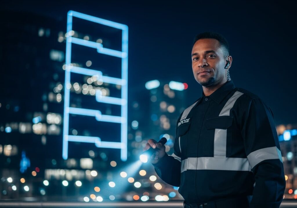 Guardia de seguridad nocturna vigilando un edificio iluminado