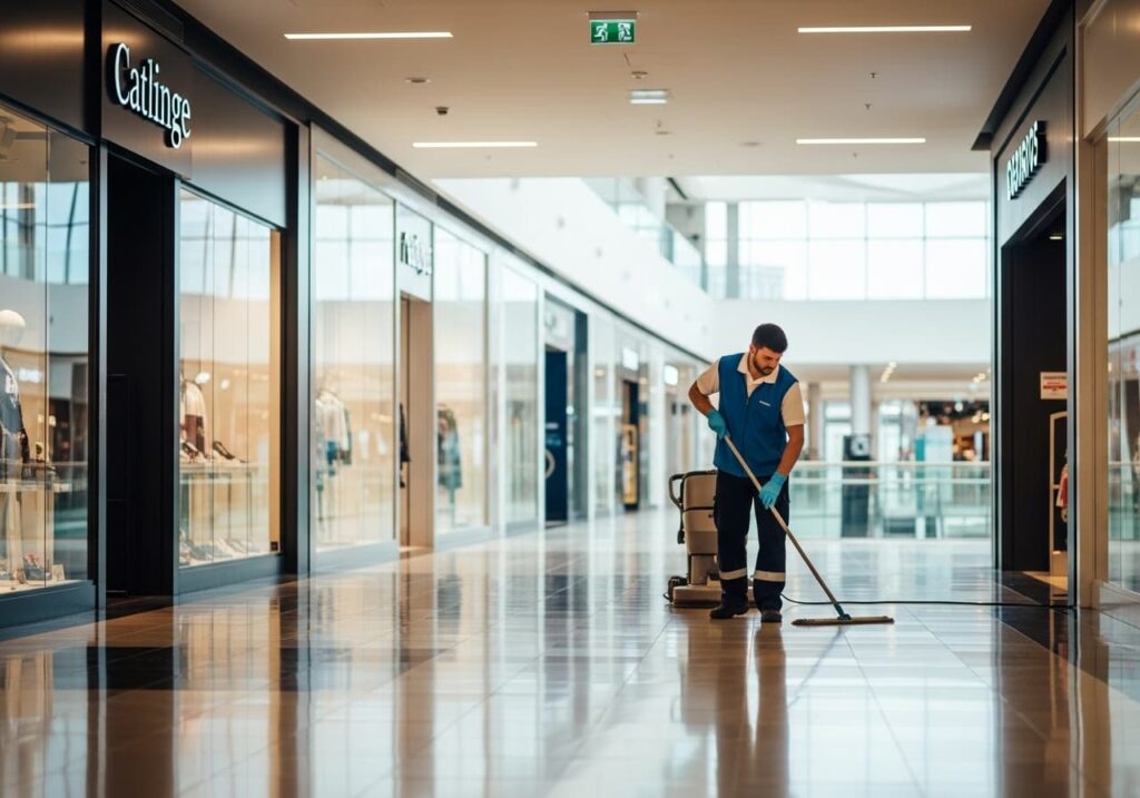 Personal de limpieza realizando mantenimiento en un centro comercia