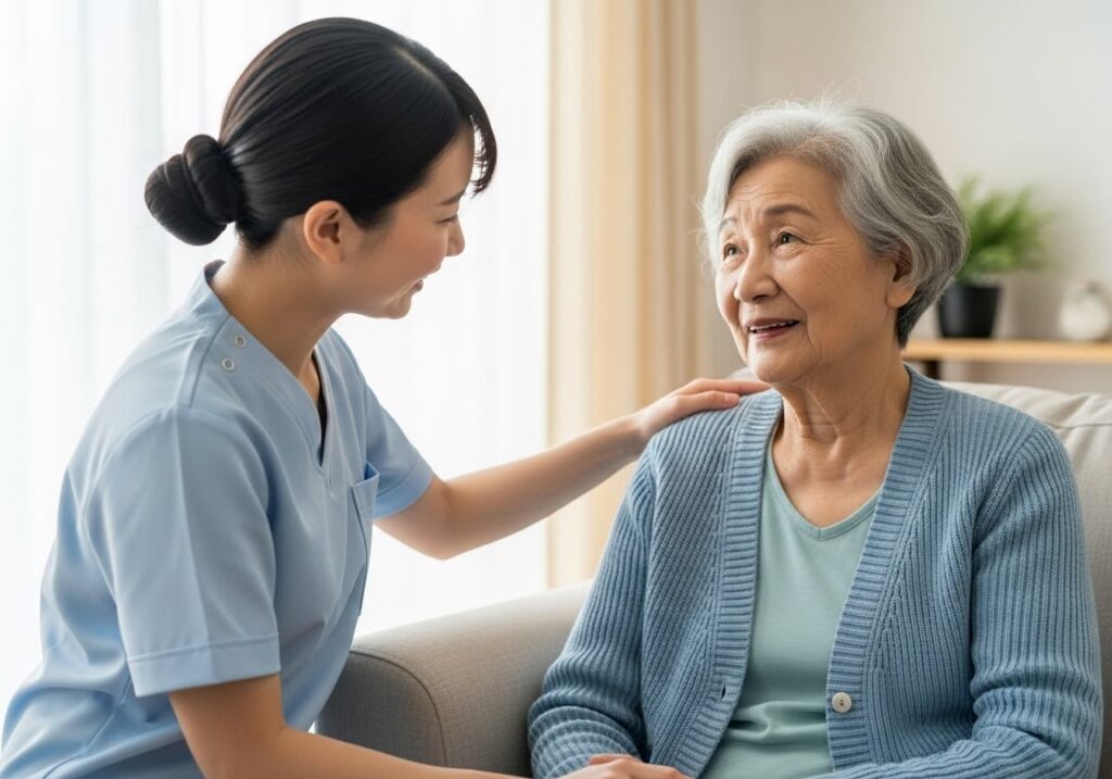 Cuidadora atendiendo a un adulto mayor en su hogar