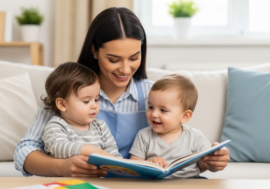 Niñera cuidando y jugando con niños en casa