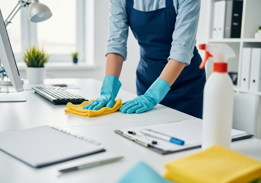 Personal de limpieza realizando mantenimiento en una oficina