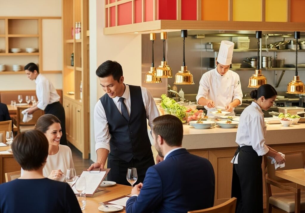 Personal de cocina preparando alimentos en un restaurante