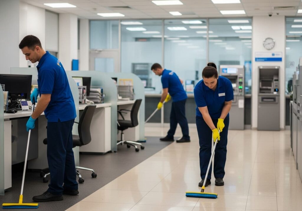 Personal de limpieza realizando mantenimiento en un banco