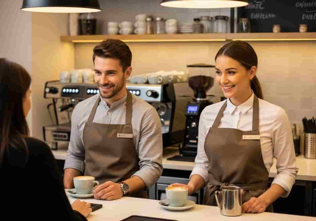 Personal atendiendo en una cafetería moderna. Trabajo de atención al cliente donde se sirven cafés y postres con amabilidad y profesionalismo.