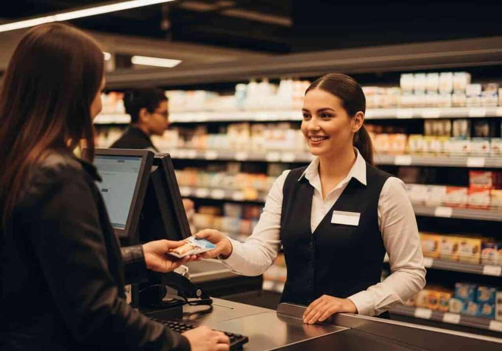Cajero en supermercado atendiendo a un cliente con amabilidad.