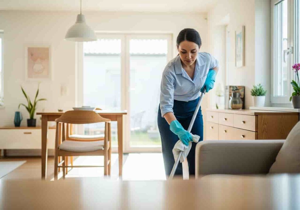 Mujer realizando tareas de limpieza en una casa moderna y ordenada. Trabajo doméstico responsable y profesional.