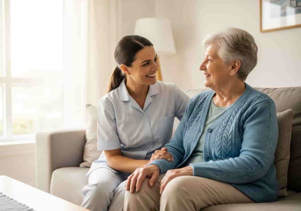 Cuidadora interna acompañando a una persona mayor en su hogar. Trabajo de atención y cuidado las 24 horas.